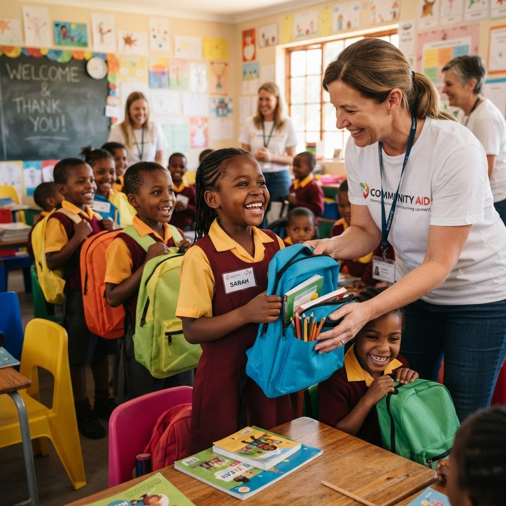 Children receiving school supplies